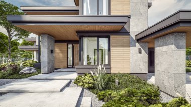 Gri ve ahşap aksanlı modern iki katlı ev, büyük pencereler, binanın sağ tarafında ağaçlar ve çalılarla çevrili park yeri, çimenlikte yeşil çimenler, gün ışığı.