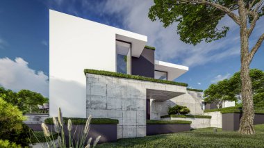 Otoparkı ve havuzu satılık ya da kiralık, beton cepheli ve arka planda güzel peyzajlı üç boyutlu çatı evi. Mavi gökyüzü açık güneşli bir yaz günü.