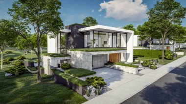 Otoparkı ve havuzu satılık ya da kiralık, beton cepheli ve arka planda güzel peyzajlı üç boyutlu çatı evi. Mavi gökyüzü açık güneşli bir yaz günü.