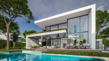 Otoparkı ve havuzu satılık ya da kiralık, beton cepheli ve arka planda güzel peyzajlı üç boyutlu çatı evi. Mavi gökyüzü açık güneşli bir yaz günü.