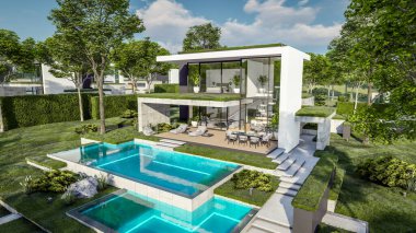 Otoparkı ve havuzu satılık ya da kiralık, beton cepheli ve arka planda güzel peyzajlı üç boyutlu çatı evi. Mavi gökyüzü açık güneşli bir yaz günü.