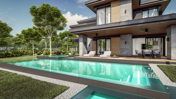 3D рендеринг современного двухэтажного дома с серыми и деревянными акцентами, большие окна, парковочное место в правой части здания, в окружении деревьев и кустарников, зеленая трава на газоне, дневной свет