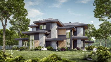 Gri ve ahşap aksanlı modern iki katlı ev, büyük pencereler, binanın sağ tarafında ağaçlar ve çalılarla çevrili park yeri, çimenlikte yeşil çimenler, gün ışığı.