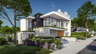 Otoparkı ve havuzu satılık ya da kiralık, beton cepheli ve arka planda güzel peyzajlı üç boyutlu çatı evi. Mavi gökyüzü açık güneşli bir yaz günü.