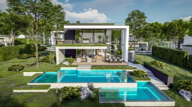 Otoparkı ve havuzu satılık ya da kiralık, beton cepheli ve arka planda güzel peyzajlı üç boyutlu çatı evi. Mavi gökyüzü açık güneşli bir yaz günü.