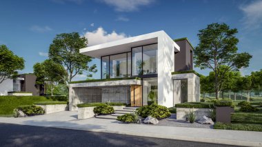 Otoparkı ve havuzu satılık ya da kiralık, beton cepheli ve arka planda güzel peyzajlı üç boyutlu çatı evi. Mavi gökyüzü açık güneşli bir yaz günü.