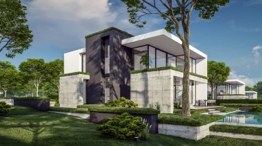 Otoparkı ve havuzu satılık ya da kiralık, beton cepheli ve arka planda güzel peyzajlı üç boyutlu çatı evi. Mavi gökyüzü açık güneşli bir yaz günü.