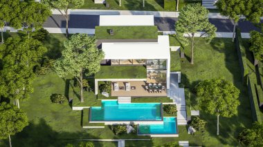 Otoparkı ve havuzu satılık ya da kiralık, beton cepheli ve arka planda güzel peyzajlı üç boyutlu çatı evi. Mavi gökyüzü açık güneşli bir yaz günü.