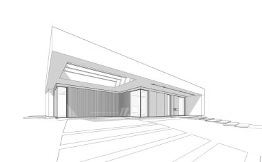 Modern tarzda yeni beton bir ev, havuz, park yeri ya da kira ve arka planda güzel bir peyzaj. Beyaz zemin üzerinde yumuşak ışık gölgeleri olan siyah çizgi çizimi.