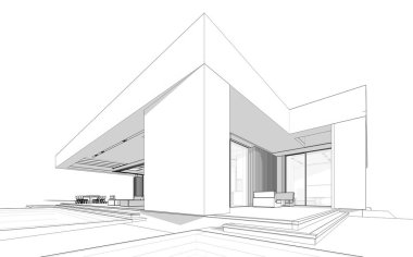 Modern tarzda yeni beton bir ev, havuz, park yeri ya da kira ve arka planda güzel bir peyzaj. Beyaz zemin üzerinde yumuşak ışık gölgeleri olan siyah çizgi çizimi.