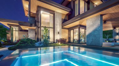 Gri ahşap aksanlı, geniş pencereli, binanın sağ tarafında park yeri olan modern iki katlı bir ev. Gökyüzünde bir sürü yıldızla berrak bir yaz gecesi.