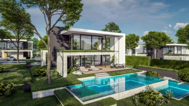 Otoparkı ve havuzu satılık ya da kiralık, beton cepheli ve arka planda güzel peyzajlı üç boyutlu çatı evi. Mavi gökyüzü açık güneşli bir yaz günü.