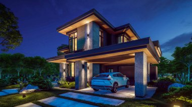 Gri ahşap aksanlı, geniş pencereli, binanın sağ tarafında park yeri olan modern iki katlı bir ev. Gökyüzünde bir sürü yıldızla berrak bir yaz gecesi.