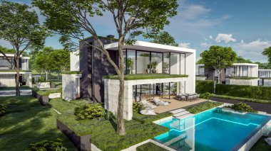 Otoparkı ve havuzu satılık ya da kiralık, beton cepheli ve arka planda güzel peyzajlı üç boyutlu çatı evi. Mavi gökyüzü açık güneşli bir yaz günü.