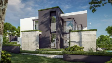 Otoparkı ve havuzu satılık ya da kiralık, beton cepheli ve arka planda güzel peyzajlı üç boyutlu çatı evi. Mavi gökyüzü açık güneşli bir yaz günü.