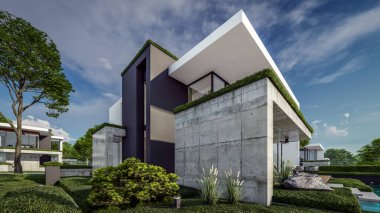 Otoparkı ve havuzu satılık ya da kiralık, beton cepheli ve arka planda güzel peyzajlı üç boyutlu çatı evi. Mavi gökyüzü açık güneşli bir yaz günü.