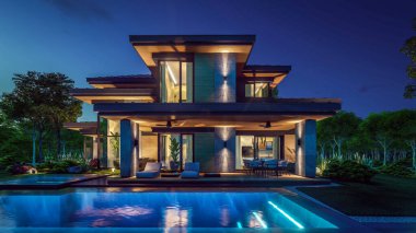 Gri ahşap aksanlı, geniş pencereli, binanın sağ tarafında park yeri olan modern iki katlı bir ev. Gökyüzünde bir sürü yıldızla berrak bir yaz gecesi.