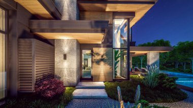 Gri ahşap aksanlı, geniş pencereli, binanın sağ tarafında park yeri olan modern iki katlı bir ev. Gökyüzünde bir sürü yıldızla berrak bir yaz gecesi.