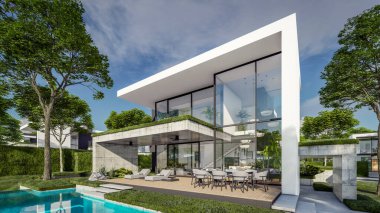 Otoparkı ve havuzu satılık ya da kiralık, beton cepheli ve arka planda güzel peyzajlı üç boyutlu çatı evi. Mavi gökyüzü açık güneşli bir yaz günü.