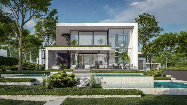 Otoparkı ve havuzu satılık ya da kiralık, beton cepheli ve arka planda güzel peyzajlı üç boyutlu çatı evi. Mavi gökyüzü açık güneşli bir yaz günü.