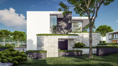 Otoparkı ve havuzu satılık ya da kiralık, beton cepheli ve arka planda güzel peyzajlı üç boyutlu çatı evi. Mavi gökyüzü açık güneşli bir yaz günü.