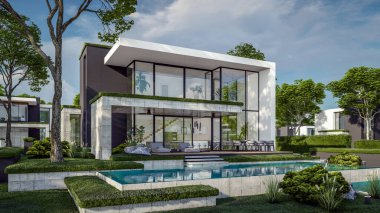 Otoparkı ve havuzu satılık ya da kiralık, beton cepheli ve arka planda güzel peyzajlı üç boyutlu çatı evi. Mavi gökyüzü açık güneşli bir yaz günü.