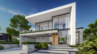 Otoparkı ve havuzu satılık ya da kiralık, beton cepheli ve arka planda güzel peyzajlı üç boyutlu çatı evi. Mavi gökyüzü açık güneşli bir yaz günü.