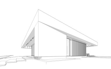 Modern tarzda yeni beton bir ev, havuz, park yeri ya da kira ve arka planda güzel bir peyzaj. Beyaz zemin üzerinde yumuşak ışık gölgeleri olan siyah çizgi çizimi.