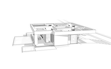 Modern tarzda yeni beton bir ev, havuz, park yeri ya da kira ve arka planda güzel bir peyzaj. Beyaz zemin üzerinde yumuşak ışık gölgeleri olan siyah çizgi çizimi.