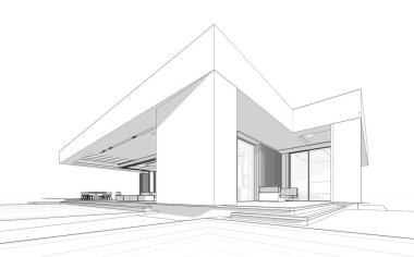 Modern tarzda yeni beton bir ev, havuz, park yeri ya da kira ve arka planda güzel bir peyzaj. Beyaz zemin üzerinde yumuşak ışık gölgeleri olan siyah çizgi çizimi.