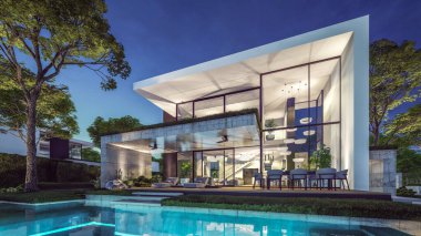 Otoparkı ve havuzu satılık ya da kiralık, beton cepheli ve güzel peyzajlı 3 boyutlu çatı evi. Gökyüzünde bir sürü yıldızla berrak bir yaz gecesi