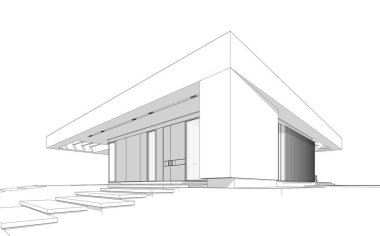 Modern tarzda yeni beton bir ev, havuz, park yeri ya da kira ve arka planda güzel bir peyzaj. Beyaz zemin üzerinde yumuşak ışık gölgeleri olan siyah çizgi çizimi.