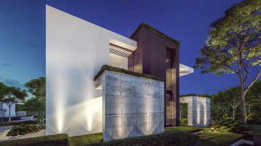 Otoparkı ve havuzu satılık ya da kiralık, beton cepheli ve güzel peyzajlı 3 boyutlu çatı evi. Gökyüzünde bir sürü yıldızla berrak bir yaz gecesi