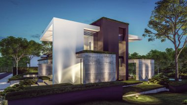 Otoparkı ve havuzu satılık ya da kiralık, beton cepheli ve güzel peyzajlı 3 boyutlu çatı evi. Gökyüzünde bir sürü yıldızla berrak bir yaz gecesi