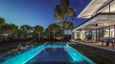 Otoparkı ve havuzu satılık ya da kiralık, beton cepheli ve güzel peyzajlı 3 boyutlu çatı evi. Gökyüzünde bir sürü yıldızla berrak bir yaz gecesi