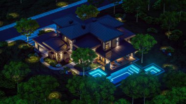 Gri ahşap aksanlı, geniş pencereli, binanın sağ tarafında park yeri olan modern iki katlı bir ev. Gökyüzünde bir sürü yıldızla berrak bir yaz gecesi.