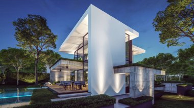 Otoparkı ve havuzu satılık ya da kiralık, beton cepheli ve güzel peyzajlı 3 boyutlu çatı evi. Gökyüzünde bir sürü yıldızla berrak bir yaz gecesi