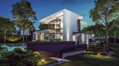 Otoparkı ve havuzu satılık ya da kiralık, beton cepheli ve güzel peyzajlı 3 boyutlu çatı evi. Gökyüzünde bir sürü yıldızla berrak bir yaz gecesi