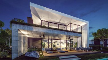 Otoparkı ve havuzu satılık ya da kiralık, beton cepheli ve güzel peyzajlı 3 boyutlu çatı evi. Gökyüzünde bir sürü yıldızla berrak bir yaz gecesi