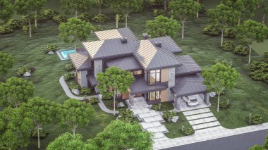 3d rendering of modern two story house with gray and wood accents, large windows, parking space in the right side of the building. Clear summer evening with cozy light from window