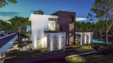 Otoparkı ve havuzu satılık ya da kiralık, beton cepheli ve güzel peyzajlı 3 boyutlu çatı evi. Gökyüzünde bir sürü yıldızla berrak bir yaz gecesi