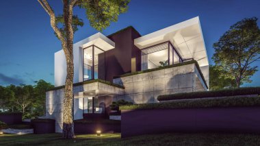 Otoparkı ve havuzu satılık ya da kiralık, beton cepheli ve güzel peyzajlı 3 boyutlu çatı evi. Gökyüzünde bir sürü yıldızla berrak bir yaz gecesi