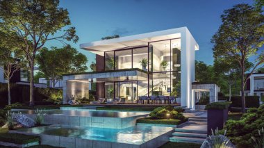 Otoparkı ve havuzu satılık ya da kiralık, beton cepheli ve güzel peyzajlı 3 boyutlu çatı evi. Gökyüzünde bir sürü yıldızla berrak bir yaz gecesi