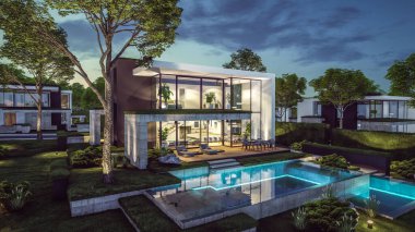 Otoparkı ve havuzu satılık ya da kiralık, beton cepheli ve güzel peyzajlı 3 boyutlu çatı evi. Gökyüzünde bir sürü yıldızla berrak bir yaz gecesi