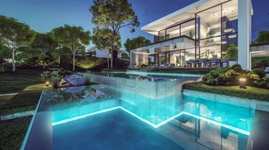 Otoparkı ve havuzu satılık ya da kiralık, beton cepheli ve güzel peyzajlı 3 boyutlu çatı evi. Gökyüzünde bir sürü yıldızla berrak bir yaz gecesi