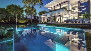 Otoparkı ve havuzu satılık ya da kiralık, beton cepheli ve güzel peyzajlı 3 boyutlu çatı evi. Gökyüzünde bir sürü yıldızla berrak bir yaz gecesi