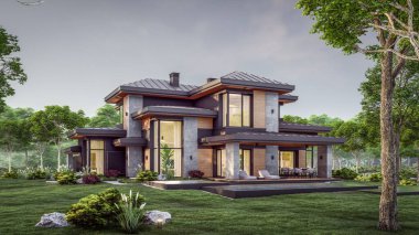 3d rendering of modern two story house with gray and wood accents, large windows, parking space in the right side of the building. Clear summer evening with cozy light from window