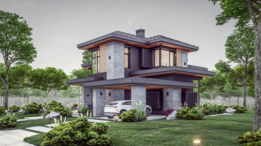 3d rendering of modern two story house with gray and wood accents, large windows, parking space in the right side of the building. Clear summer evening with cozy light from window