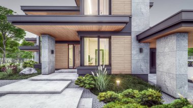 3d rendering of modern two story house with gray and wood accents, large windows, parking space in the right side of the building. Clear summer evening with cozy light from window clipart