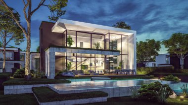 Otoparkı ve havuzu satılık ya da kiralık, beton cepheli ve güzel peyzajlı 3 boyutlu çatı evi. Gökyüzünde bir sürü yıldızla berrak bir yaz gecesi